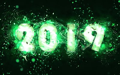 4k, 2019 year, green background, neon lights, abstract art, creative, 2019 concepts, green neon, Happy New Year 2019