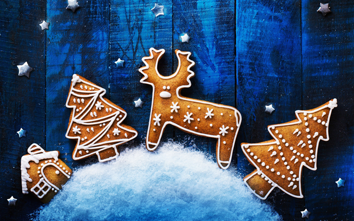 Merry Christmas, cookies, Happy New Year, stars, wooden background, Xmas, blue background, New Year 2019