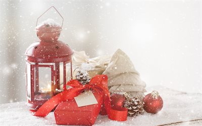 red lantern, Christmas, winter, snow, New Year, decoration, winter holidays