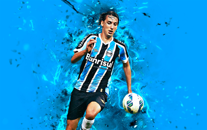 Pedro Geromel, blue background, brazilian footballers, Gremio FC, soccer, Geromel, abstract art, Brazilian Serie A, football, neon lights, Brazil