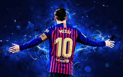Messi, goal, argentinian footballers, Barcelona FC, back view, La Liga, Lionel Messi, Barca, soccer, football stars, Leo Messi, neon lights, LaLiga