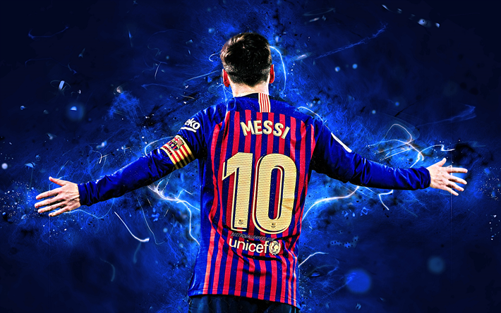 Messi, un but, un argentin joueurs de football du FC Barcelone, vue de dos, La Liga, Lionel Messi, le Bar&#231;a, le soccer, le football stars, Leo Messi, n&#233;ons, LaLiga