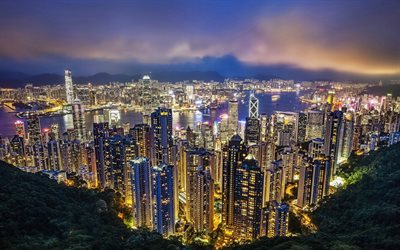 香港, 夜, 湾, 高層ビル群, 大都市, スカイライン, 町並み, 中国
