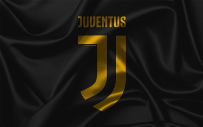 Juventus FC, black silk background, fabric texture, golden emblem, Italian football club, champion, Serie A, Italy, new Juventus logo