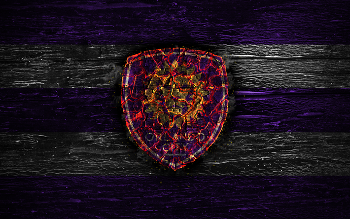 Orlando City FC, fire logo, MLS, violet and white lines, american football club, grunge, football, soccer, logo, Eastern Conference, Orlando City SC, wooden texture, USA