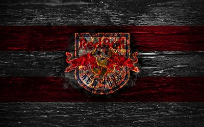 New York Red Bulls FC, fire logo, MLS, red and white lines, american football club, grunge, football, soccer, logo, Eastern Conference, New York Red Bulls, wooden texture, USA