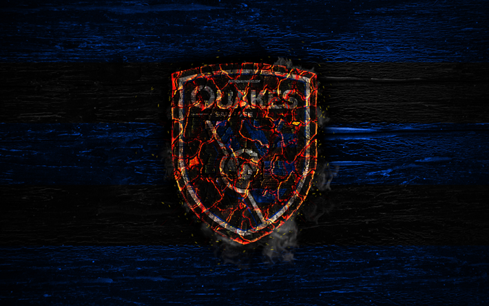 San Jose Earthquakes FC, fire logo, MLS, blue and black lines, american football club, grunge, football, soccer, logo, Western Conference, San Jose Earthquakes, wooden texture, USA