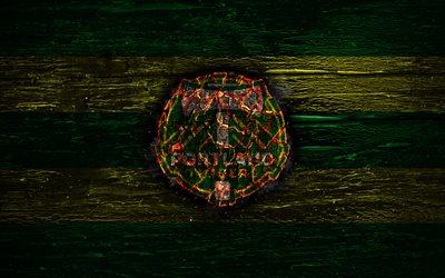 Portland Timbers FC, fire logo, MLS, green and yellow lines, american football club, grunge, football, soccer, logo, Western Conference, Portland Timbers, wooden texture, USA