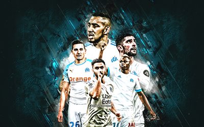 Olympique de Marseille, french football club, blue stone background, soccer, Marseille, Alvaro Gonzalez, Dimitri Payet, Florian Thauvin