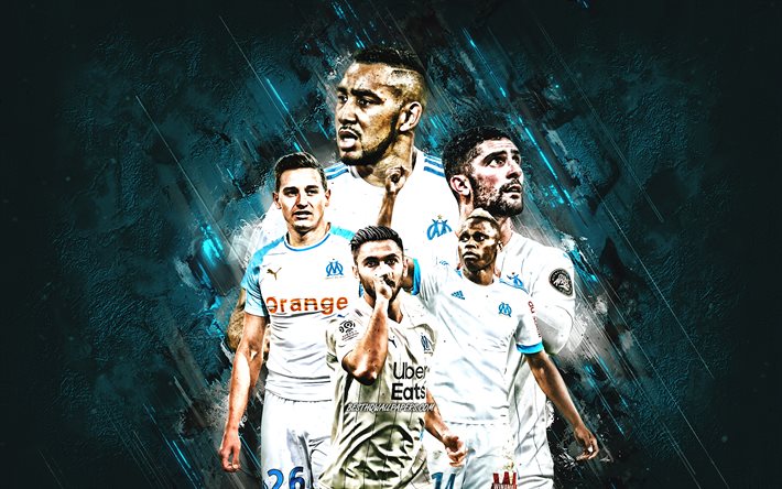 Olympique de Marseille, ranskalainen jalkapalloseura, sininen kivitausta, jalkapallo, Marseille, Alvaro Gonzalez, Dimitri Payet, Florian Thauvin