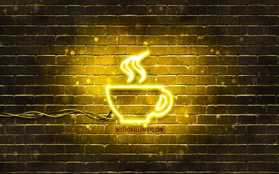 Hot tea neon icon, 4k, yellow background, neon symbols, Hot tea, neon icons, Hot tea sign, food signs, Hot tea icon, food icons