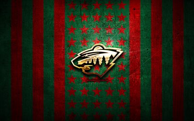 Minnesota Wild flag, NHL, red green metal background, american hockey team, Minnesota Wild logo, USA, hockey, golden logo, Minnesota Wild