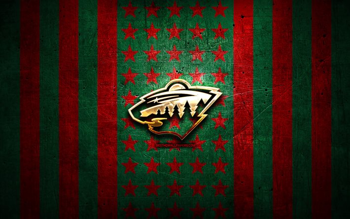 Minnesota Wild bandiera, NHL, sfondo rosso verde metallico, squadra di hockey americana, logo Minnesota Wild, USA, hockey, logo dorato, Minnesota Wild