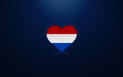 オランダが大好き, 4k, ヨーロッパ, 青い点線の背景, オランダの旗の心, オランダ, 好きな国, オランダの旗