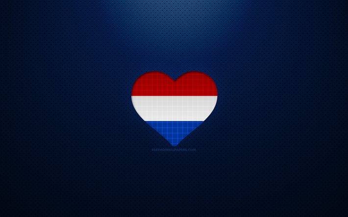 Amo i Paesi Bassi, 4k, Europa, sfondo blu punteggiato, cuore della bandiera olandese, Paesi Bassi, paesi preferiti, amore Paesi Bassi, bandiera olandese