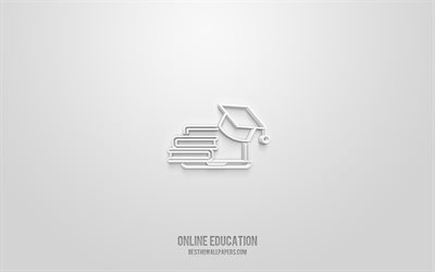 オンライン教育の3Dアイコン, 白背景, 3Dシンボル, オンライン教育, 教育アイコン, 3D图标, 科学の3Dアイコン