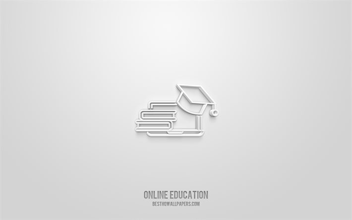 Icono 3d de educaci&#243;n en l&#237;nea, fondo blanco, s&#237;mbolos 3d, educaci&#243;n en l&#237;nea, iconos de educaci&#243;n, iconos 3d, signo de educaci&#243;n en l&#237;nea, iconos de ciencia 3d