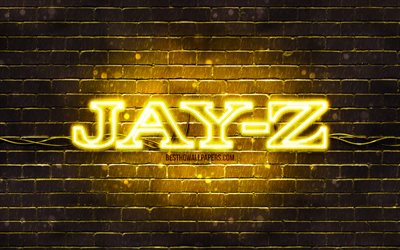 jay-z gelbes logo, 4k, superstars, amerikanischer rapper, gelbe mauer, jay-z logo, shawn corey carter, jay-z, musikstars, jay-z neon logo