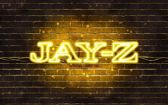 Jay-Z keltainen logo, 4k, supert&#228;hdet, amerikkalainen r&#228;pp&#228;ri, keltainen tiilisein&#228;, Jay-Z-logo, Shawn Corey Carter, Jay-Z, musiikkit&#228;hdet, Jay-Z-neonlogo