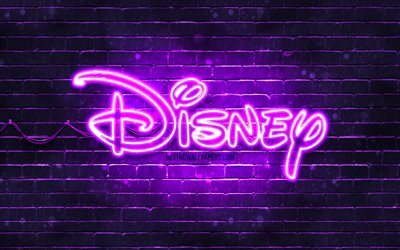 Disney violet logo, 4k, violet brickwall, Disney logo, artwork, Disney neon logo, Disney