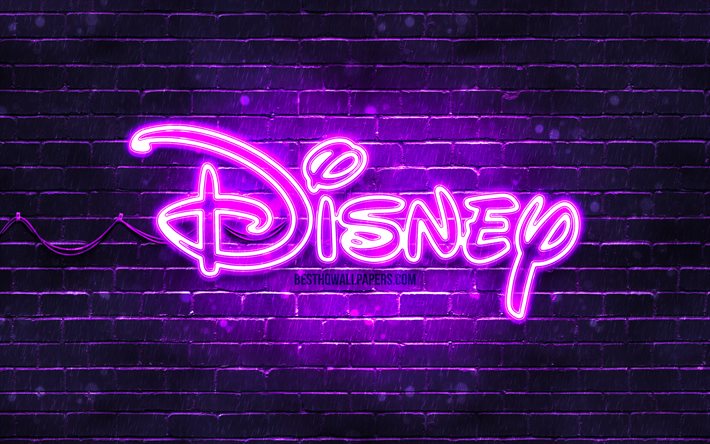 Disney violetti logo, 4k, violetti tiilisein&#228;, Disney logo, kuvitus, Disney neon logo, Disney