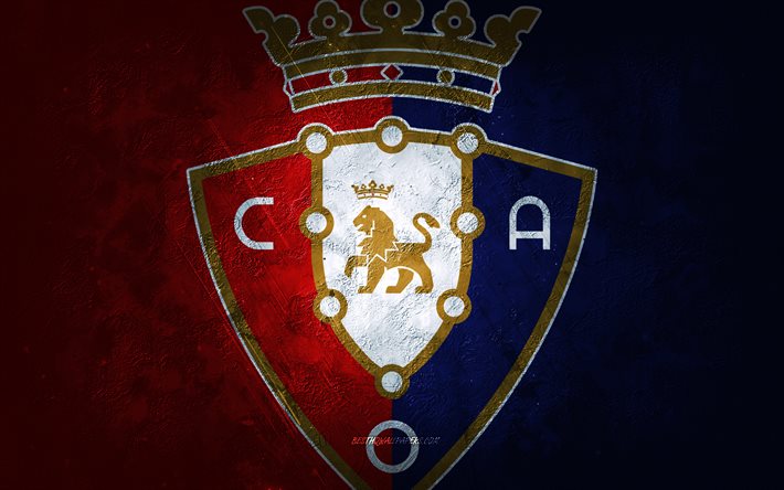 CA Osasuna, clube de futebol espanhol, fundo de pedra vermelho azul-vinho, logotipo do CA Osasuna, arte grunge, La Liga, futebol, Espanha, emblema do CA Osasuna