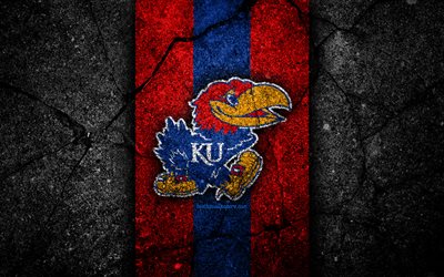 Universit&#224; del Kansas Jayhawk, 4k, squadra di football americano, NCAA, pietra blu rossa, USA, trama di asfalto, football americano, logo dell&#39;Universit&#224; del Kansas Jayhawk