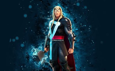 Thor, 4k, luci al neon blu, giochi 2020, Fortnite Battle Royale, personaggi di Fortnite, Thor Skin, Fortnite, Thor Fortnite