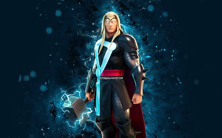 Thor, 4k, luzes de n&#233;on azuis, jogos de 2020, Fortnite Battle Royale, Personagens Fortnite, Thor Skin, Fortnite, Thor Fortnite