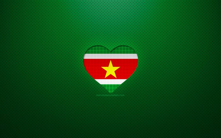 J&#39;aime le Suriname, 4k, pays d&#39;Am&#233;rique du Sud, fond pointill&#233; vert, coeur de drapeau surinamais, Suriname, pays pr&#233;f&#233;r&#233;s, amour Suriname, drapeau surinamais