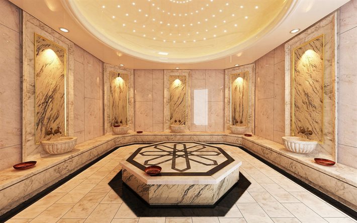 Bain turc, murs en marbre blanc, salle de bain, hammam turc, projet de salle de bain