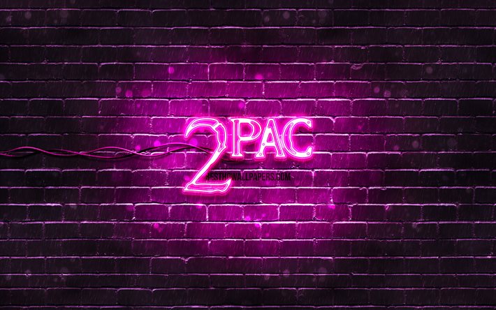 2pac violetti logo, 4k, supert&#228;hdet, amerikkalainen r&#228;pp&#228;ri, violetti tiilisein&#228;, 2pac logo, Tupac Amaru Shakur, 2pac, musiikkit&#228;hdet, 2pac neonlogo