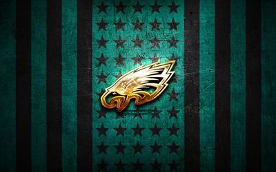 Bandiera dei Philadelphia Eagles, NFL, sfondo blu metallo nero, squadra di football americano, logo dei Philadelphia Eagles, USA, football americano, logo dorato, Philadelphia Eagles