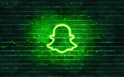 Logo verde Snapchat, 4k, muro di mattoni verde, logo Snapchat, marchi, logo neon Snapchat, Snapchat