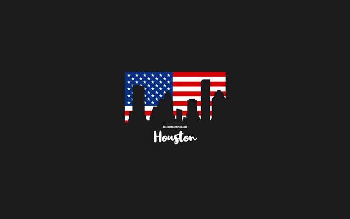 Houston, Amerikan şehirleri, Houston siluet manzarası, ABD bayrağı, Houston şehir manzarası, Amerikan bayrağı, ABD, Houston manzarası