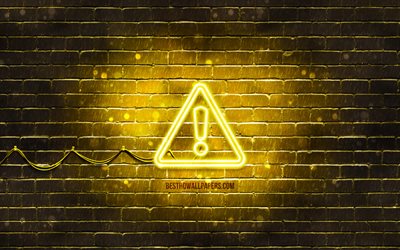 Varoitus neon-kuvake, 4k, keltainen tausta, neon-symbolit, Varoitus, luova, neon-kuvakkeet, Varoitusmerkki, varoitusmerkit, Varoitus-kuvake, Varoituskuvakkeet