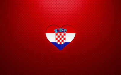 Amo la Croazia, 4K, Europa, sfondo rosso punteggiato, cuore della bandiera croata, Croazia, paesi preferiti, bandiera croata