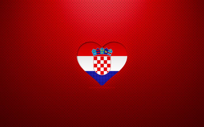 Amo la Croazia, 4K, Europa, sfondo rosso punteggiato, cuore della bandiera croata, Croazia, paesi preferiti, bandiera croata