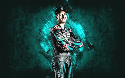 Fabio Quartararo, Monster Energy Yamaha MotoGP, French motorcycle racer, MotoGP, blue stone background, portrait, MotoGP World Championship