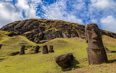Easter Island, Rapa Nui, figures, sculptures, mountain landscape, Chile, Pacific Ocean