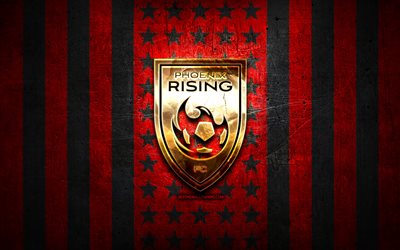 Phoenix Rising flagga, USL, r&#246;d svart metall bakgrund, amerikansk fotbollsklubb, Phoenix Rising logotyp, USA, fotboll, Phoenix Rising FC, gyllene logotyp