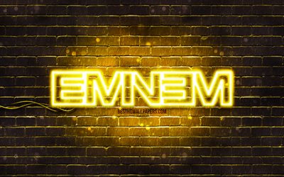 Logo jaune Eminem, 4k, superstars, rappeur am&#233;ricain, brickwall jaune, logo Eminem, Marshall Bruce Mathers III, Eminem, stars de la musique, logo n&#233;on Eminem