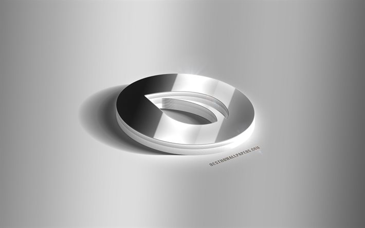 Logo argento Peercoin 3D, Omni, criptovaluta, sfondo grigio, logo Peercoin, emblema Peercoin 3D, logo Peercoin 3D in metallo