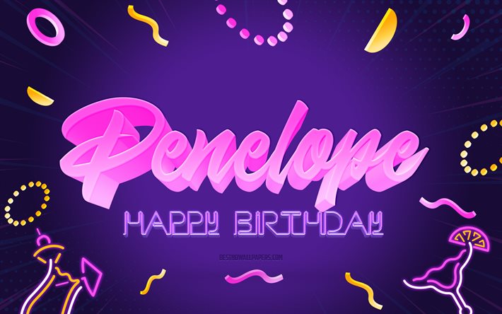 Joyeux anniversaire Penelope, 4k, fond de f&#234;te pourpre, Penelope, art cr&#233;atif, joyeux anniversaire de Penelope, nom de Penelope, anniversaire de Nora, fond de f&#234;te d&#39;anniversaire