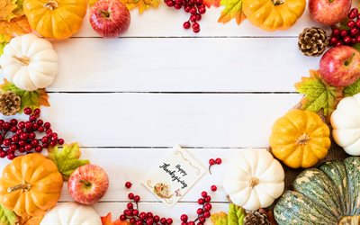 Happy Thanksgiving Day, autumn frames, creative, white wooden backgrounds, pumpkin frames, pumpkin