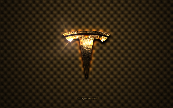 Tesla logo dorato, opere d&#39;arte, sfondo marrone in metallo, emblema Tesla, logo Tesla, marchi, Tesla