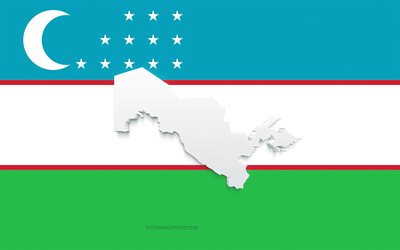 Uzbekistan kartsiluett, Uzbekistans flagga, siluett p&#229; flaggan, Uzbekistan, 3d Uzbekistan kartsiluett, Uzbekistan 3d karta