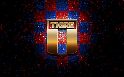 CA Tigre, glitter logo, Primera Nacional, blue red checkered background, soccer, argentinian football club, CA Tigre logo, mosaic art, football, Tigre FC, Club Atletico Tigre