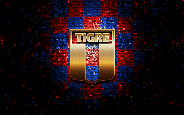 CA Tigre, glitterlogotyp, Primera Nacional, bl&#229;r&#246;d rutig bakgrund, fotboll, argentinsk fotbollsklubb, CA Tigre-logotyp, mosaikkonst, Tigre FC, Club Atletico Tigre