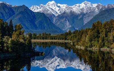 Lake Matheson, mountain lake, Southern Alps, mountain landscape, forest, mountains, New Zealand